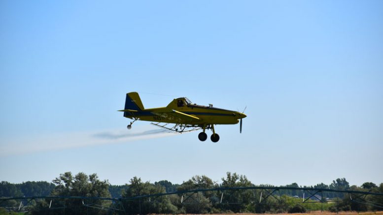 Airplane spraying crops