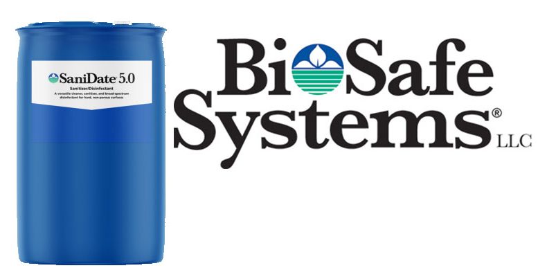 Jug of Sanidate 5.0 and BioSafe Systems logo